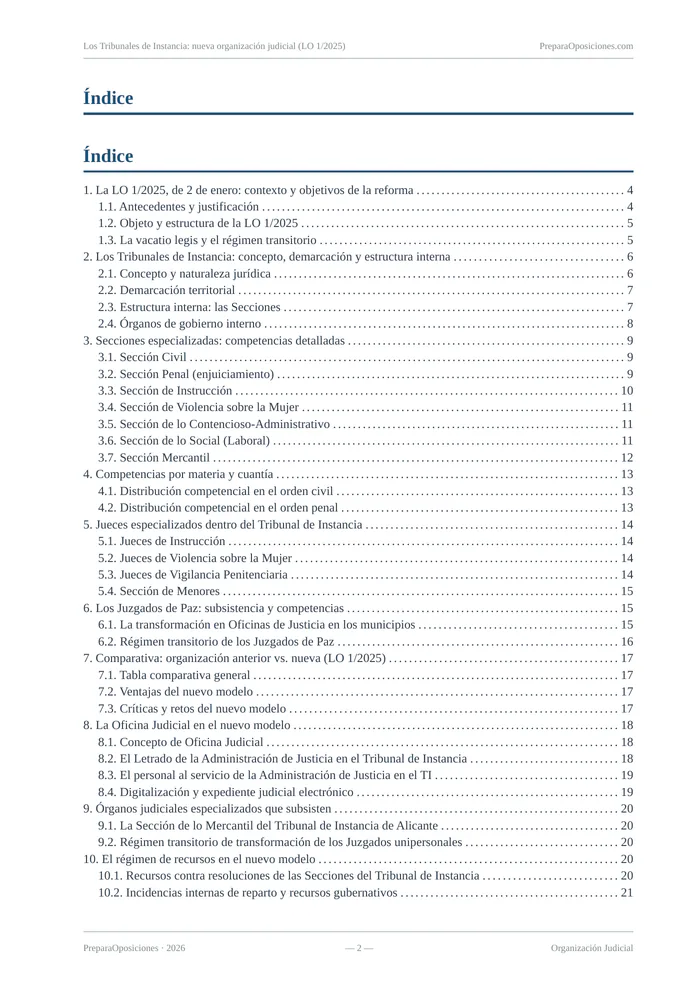 Índice del tema «Los Tribunales de Instancia: nueva organización judicial (LO 1/2025)» (página 2 de la muestra gratuita del temario en PDF): índice completo del tema con sus epígrafes y páginas.