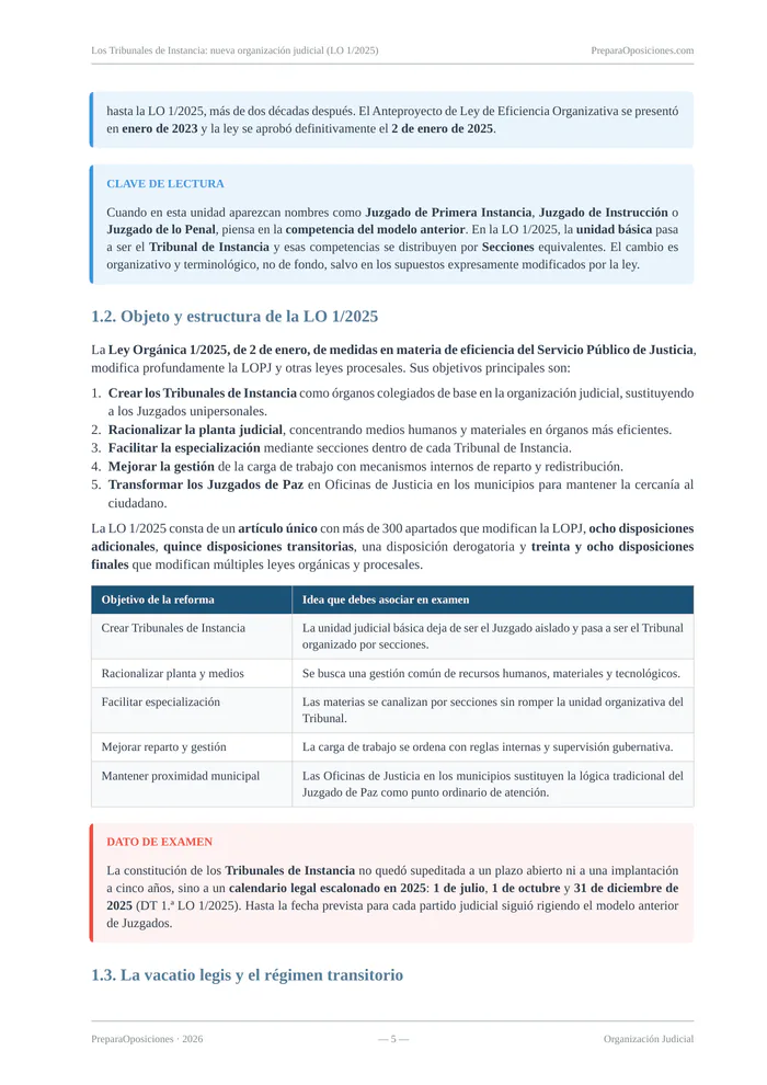 Desarrollo del tema «Los Tribunales de Instancia: nueva organización judicial (LO 1/2025)» (página 5 de la muestra gratuita del temario en PDF): desarrollo del objeto y estructura de la LO 1/2025 con recuadros y tabla.