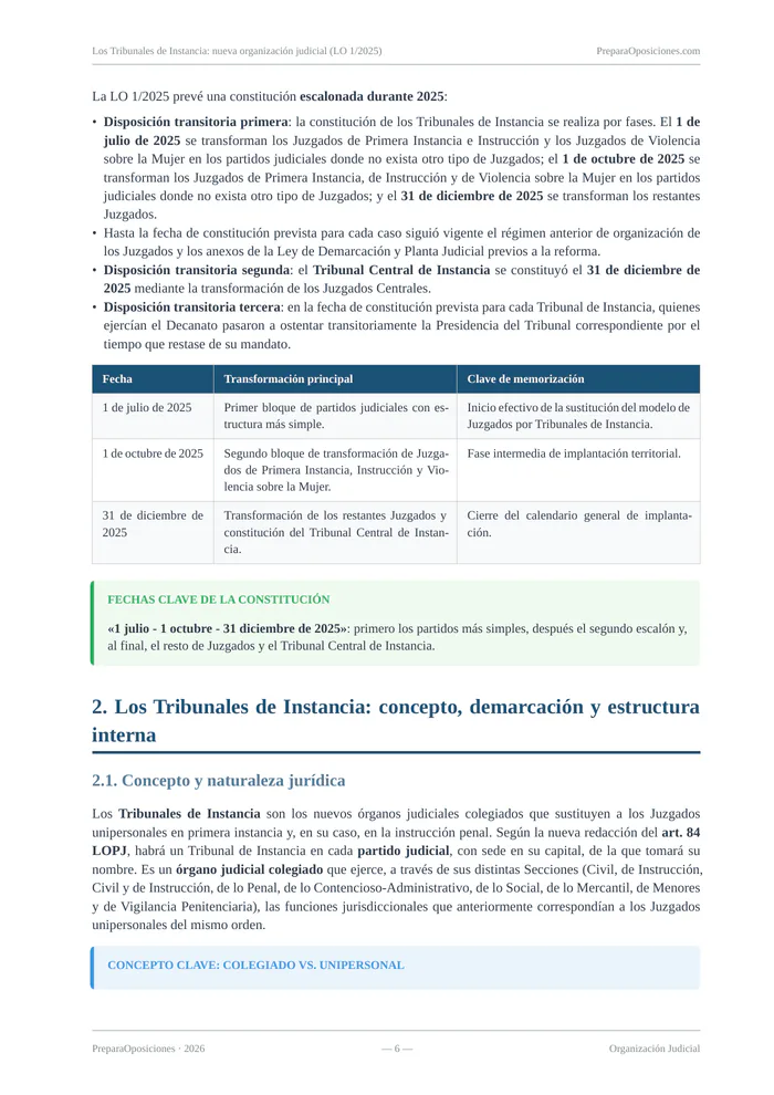 Repaso del tema «Los Tribunales de Instancia: nueva organización judicial (LO 1/2025)» (página 6 de la muestra gratuita del temario en PDF): tabla del calendario de implantación y recuadros de repaso.