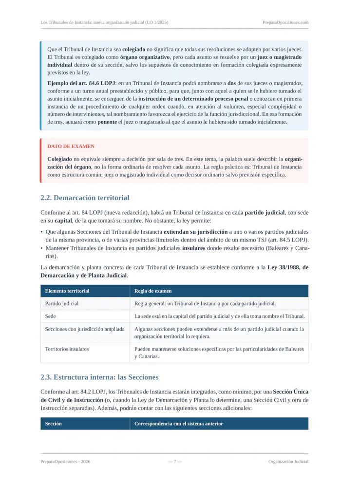 Página destacada del tema «Los Tribunales de Instancia: nueva organización judicial (LO 1/2025)» (página 7 de la muestra gratuita del temario en PDF): demarcación territorial con recuadro «Dato de examen» y tabla.