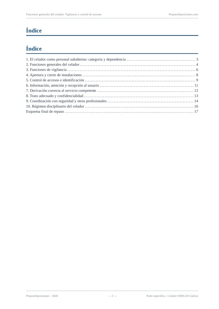 Índice del tema «Funciones generales del celador. Vigilancia y control de accesos» (página 2 de la muestra gratuita del temario en PDF): índice completo del tema con sus epígrafes y páginas.