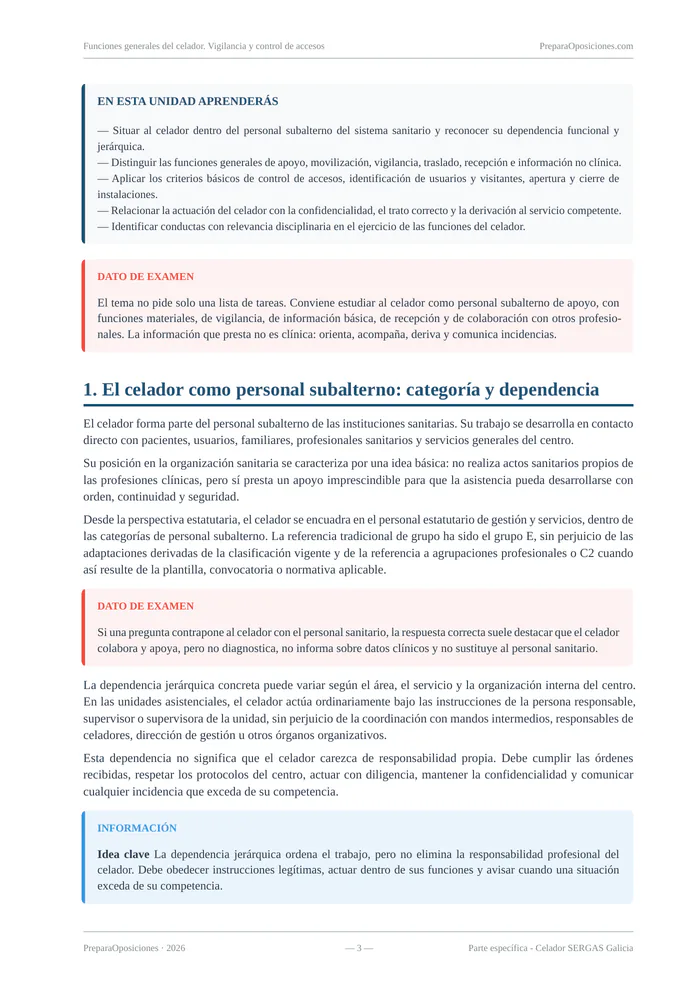 Desarrollo del tema «Funciones generales del celador. Vigilancia y control de accesos» (página 3 de la muestra gratuita del temario en PDF): desarrollo sobre el celador como personal subalterno con recuadros «Dato de examen» e informativo.