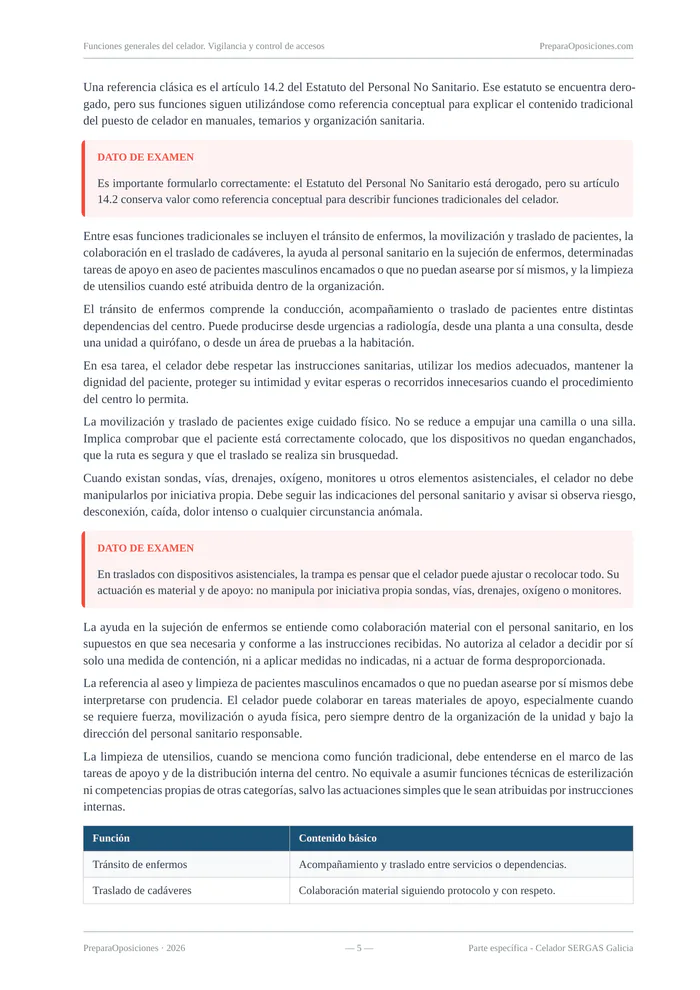 Página destacada del tema «Funciones generales del celador. Vigilancia y control de accesos» (página 5 de la muestra gratuita del temario en PDF): funciones del celador con recuadros «Dato de examen» y tabla.