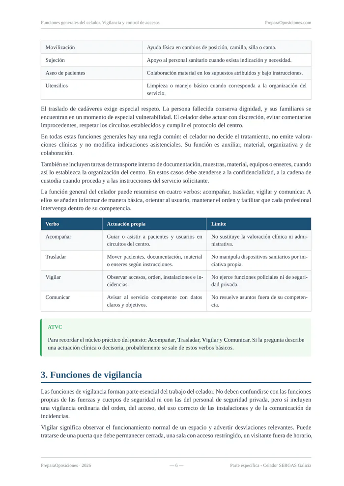 Repaso del tema «Funciones generales del celador. Vigilancia y control de accesos» (página 6 de la muestra gratuita del temario en PDF): tabla de funciones del celador y recuadro mnemotécnico.