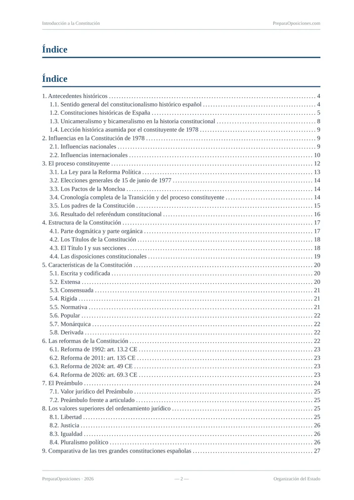 Índice del tema «Introducción a la Constitución» (página 2 de la muestra gratuita del temario en PDF): índice completo del tema con sus epígrafes y páginas.