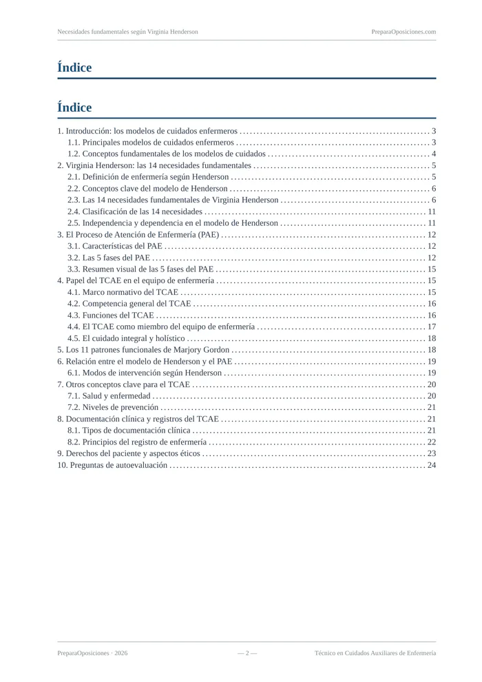 Índice del tema «Necesidades fundamentales según Virginia Henderson» (página 2 de la muestra gratuita del temario en PDF): índice completo del tema con sus epígrafes y páginas.