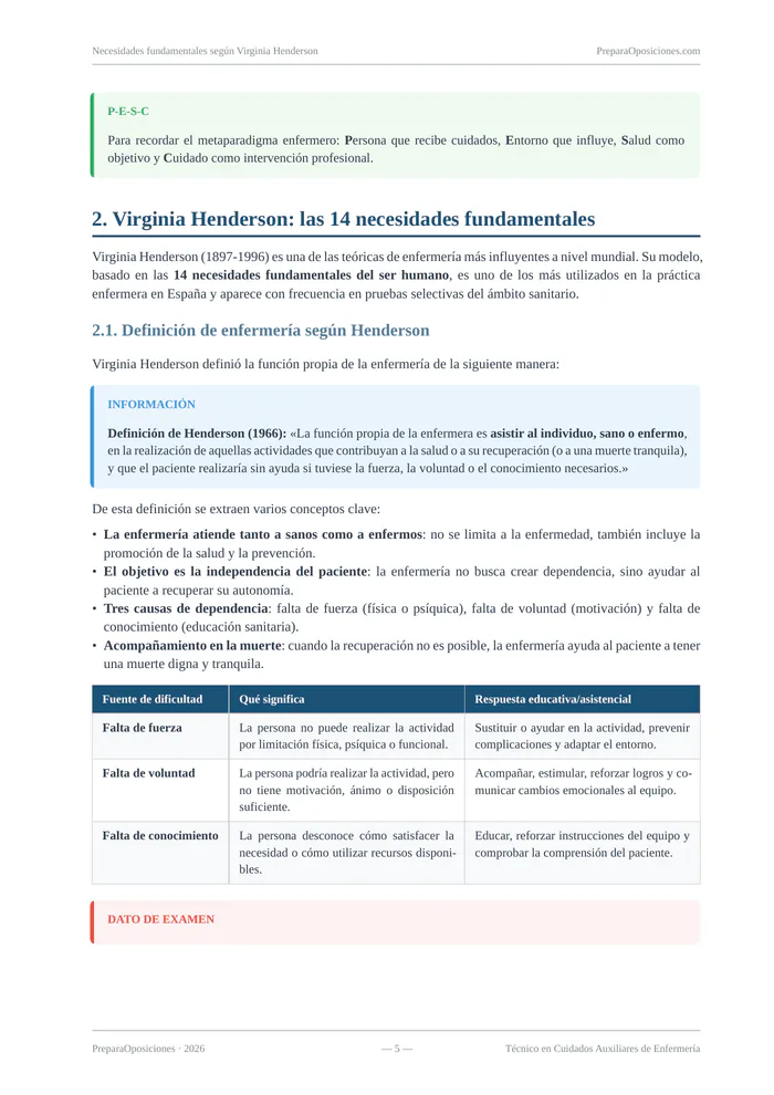 Desarrollo del tema «Necesidades fundamentales según Virginia Henderson» (página 5 de la muestra gratuita del temario en PDF): desarrollo de las 14 necesidades de Henderson con recuadros destacados y tabla.