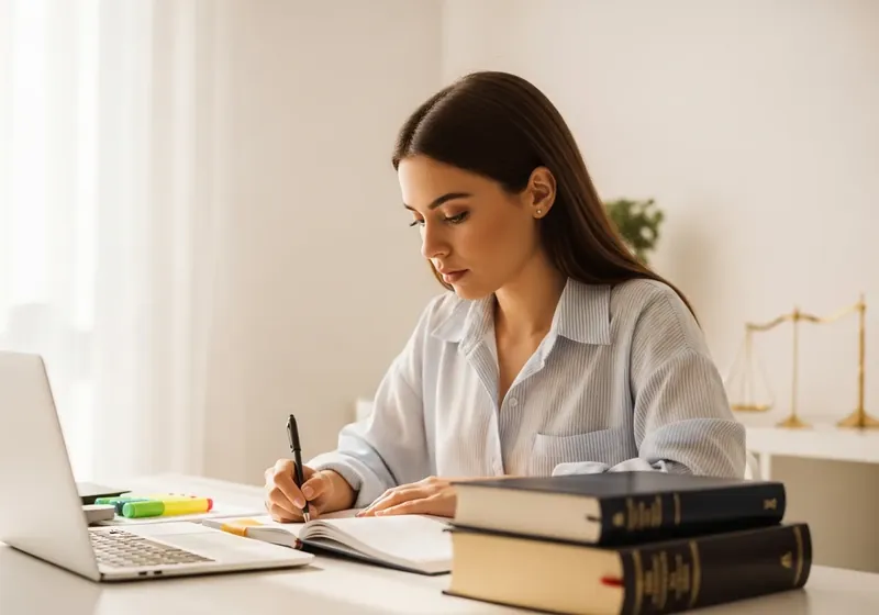 Opositora estudiando con laptop y libros de legislación